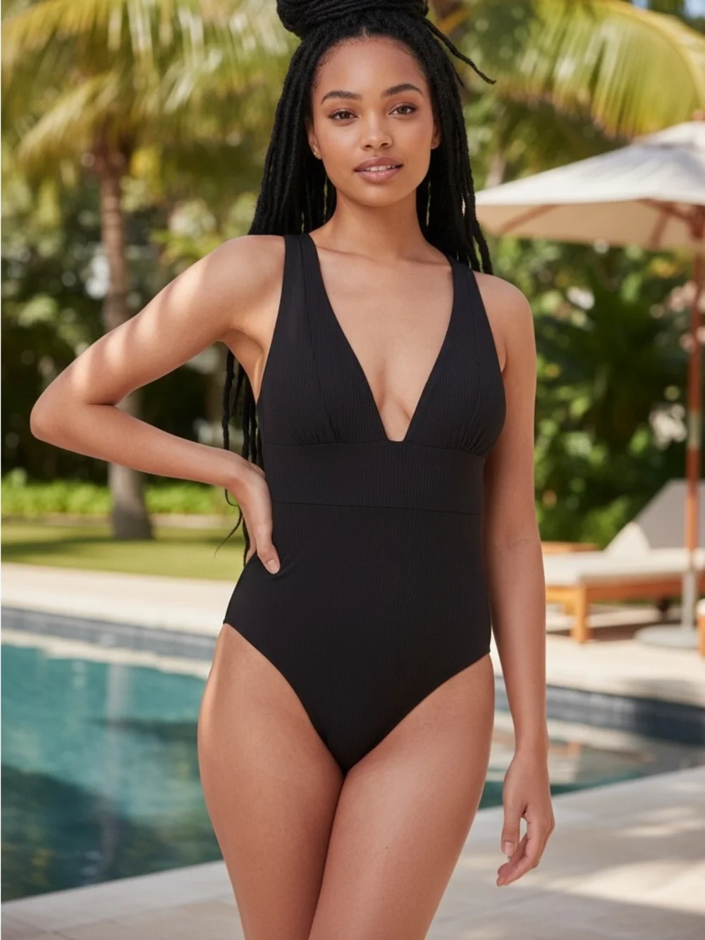 Andie Swim Mykonos Black Ribbed One Piece Swimsuit